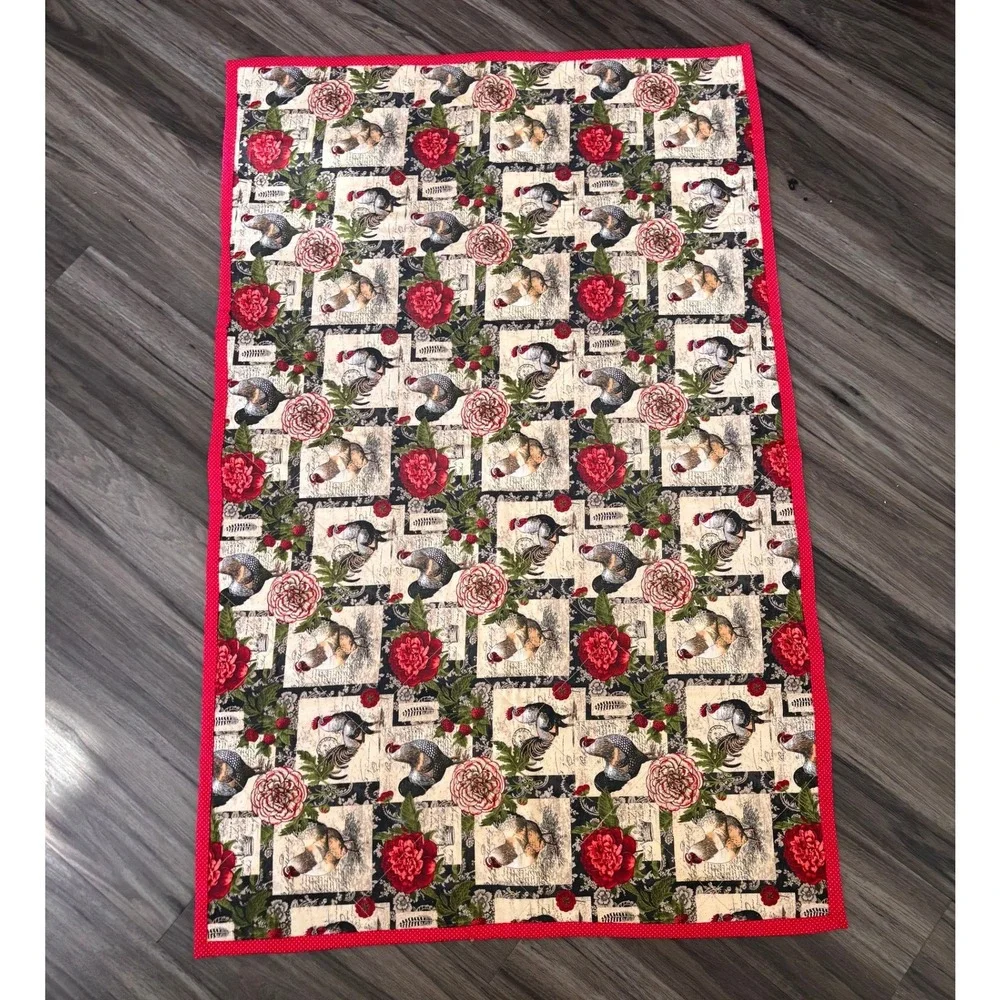 Cottage Core Rooster Peony Quilted Table Runner French Country Red Black 41x26